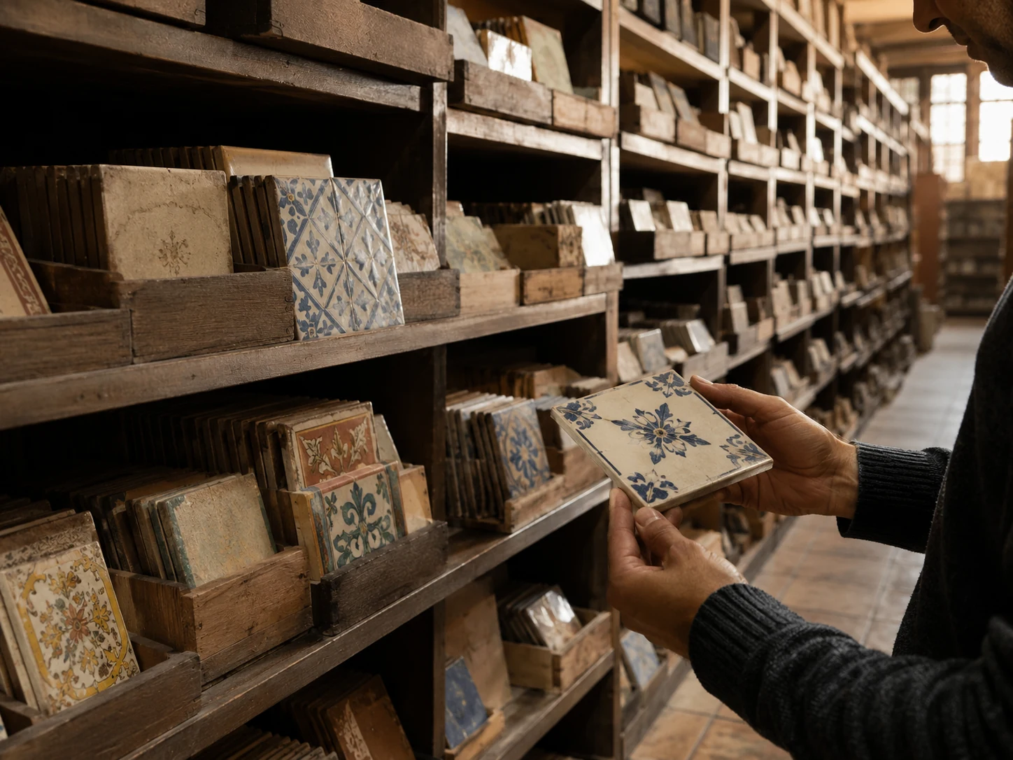 Pessoa analisando azulejo antigo em acervo de peças para reposição